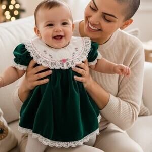 VTG 80s Baby Togs Emerald Green Velvet Lace Trim Peter Pan Collar Holiday Dress